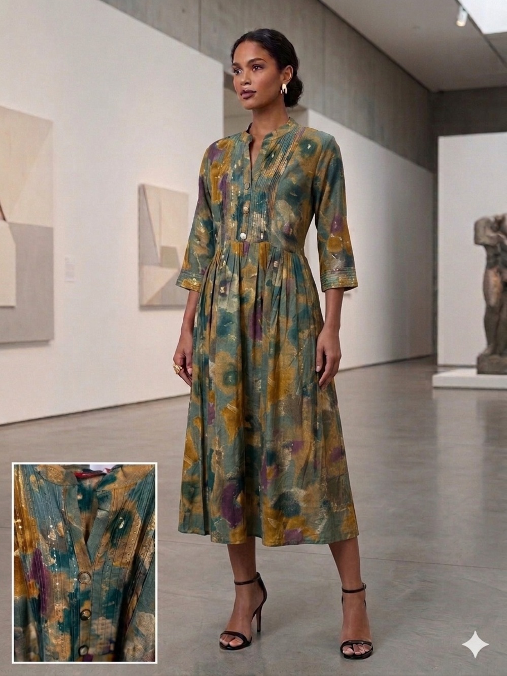 atm4u Abstract Watercolor Print Midi Dress XL Boho Artsy Pintuck Dress